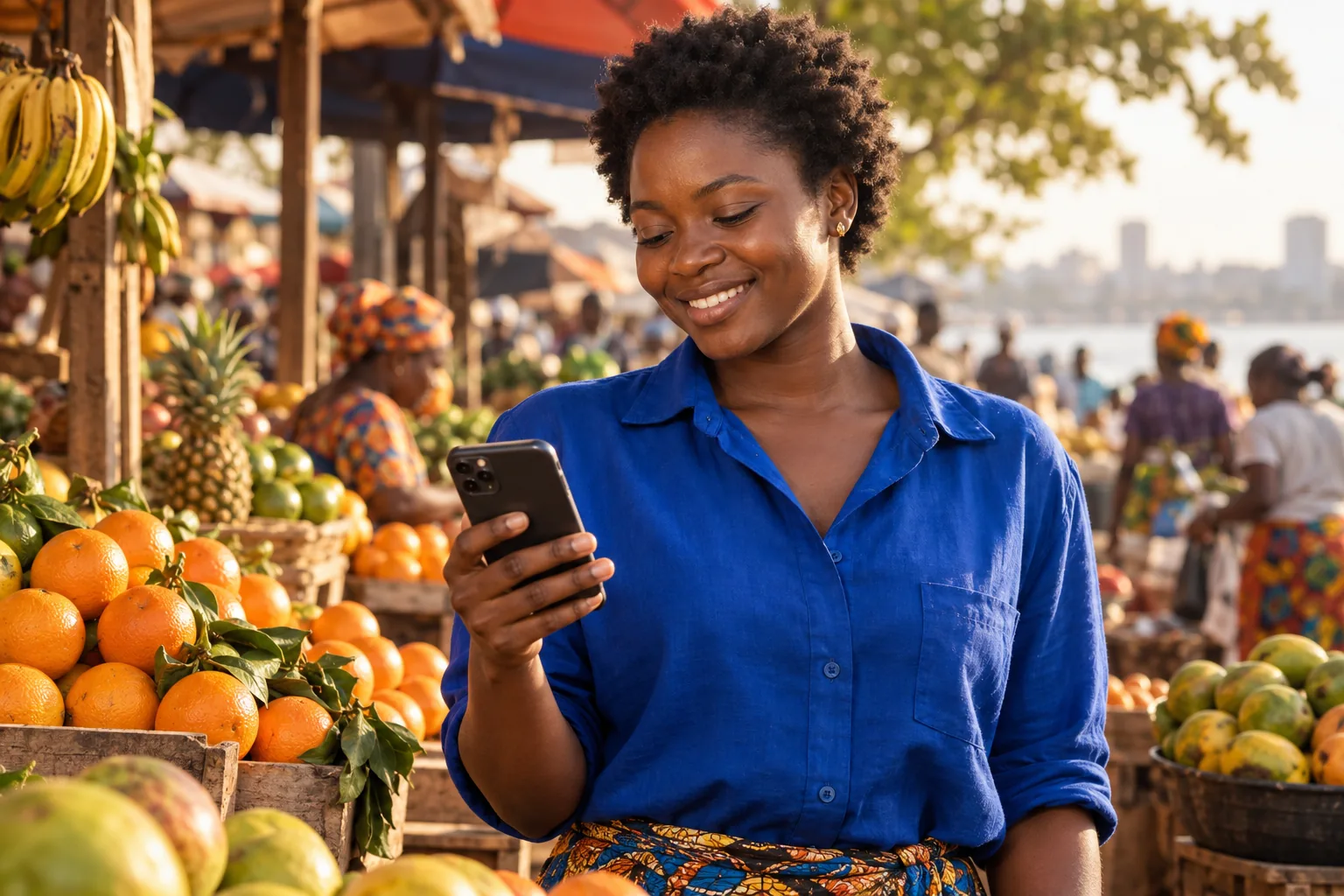 A smiling market merchant using her phone at a colorful fruit stall
